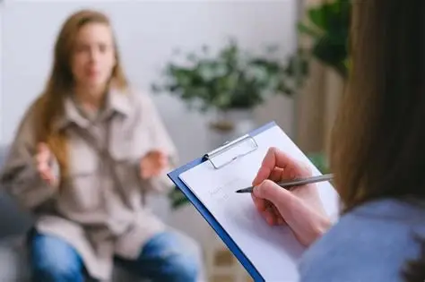 Psicóloga tomando notas durante una sesión de evaluación