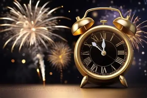 Un despertador dorado marca casi las doce mientras estallan fuegos artificiales al fondo