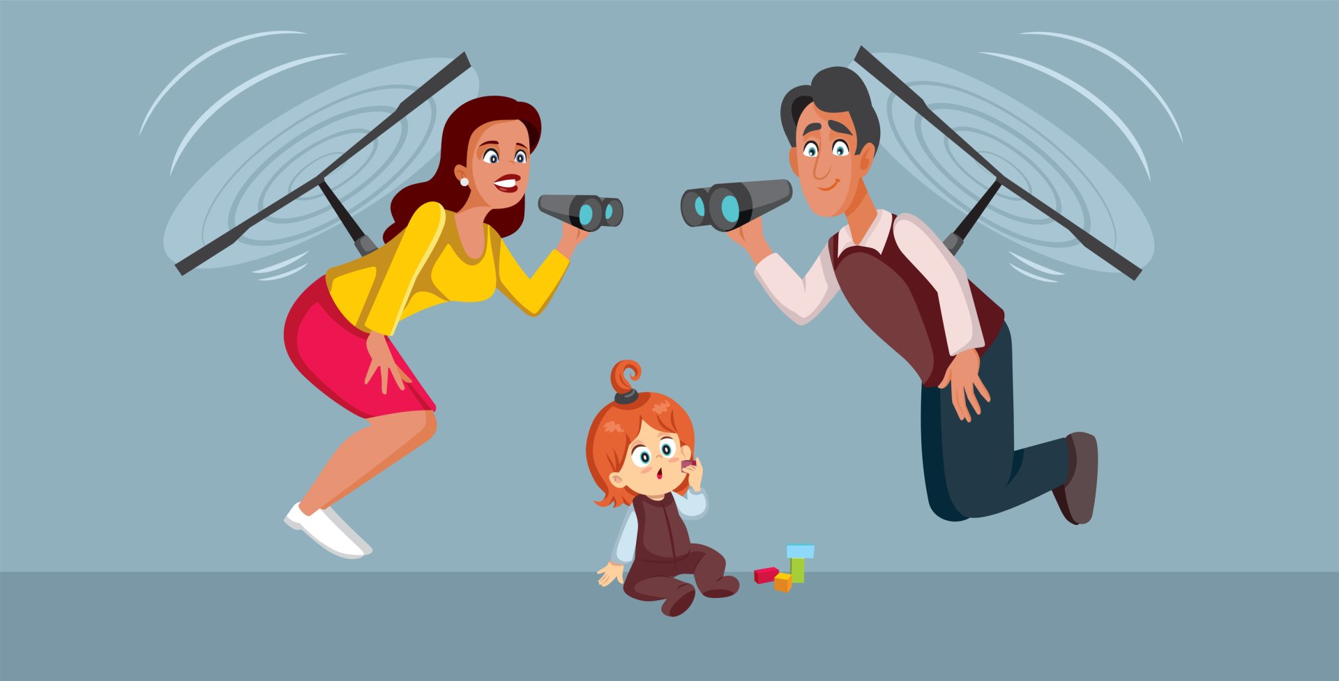 Una madre y un padre sobrevuelan con hélices y prismáticos a su hija, que juega en el suelo