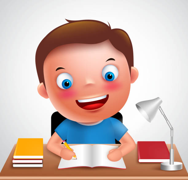 Ilustración de un niño sonriente haciendo los deberes en su escritorio, con libros y un flexo