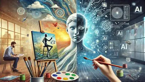 Ilustración dividida entre un artista pintando en su estudio y un rostro digital rodeado de circuitos e iconos de inteligencia artificial