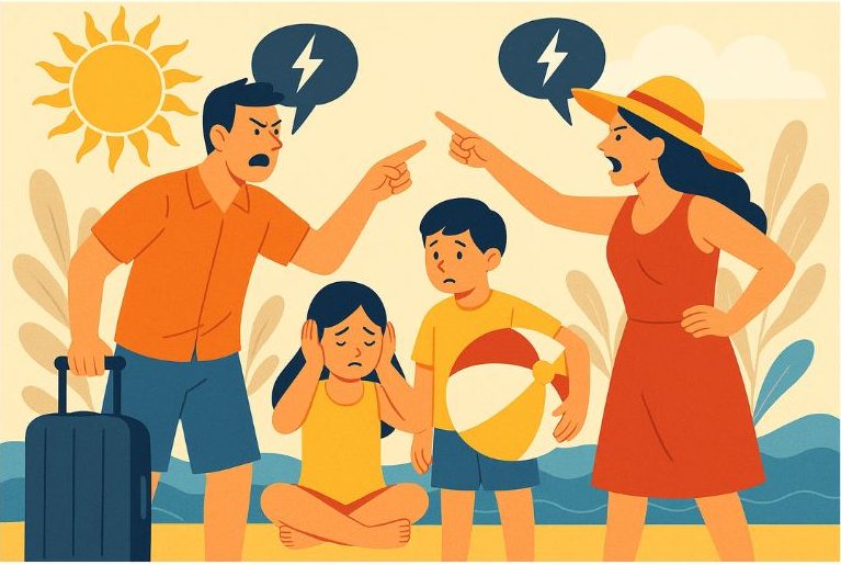 Una pareja discute en la playa mientras sus dos hijos, incómodos, miran hacia otro lado